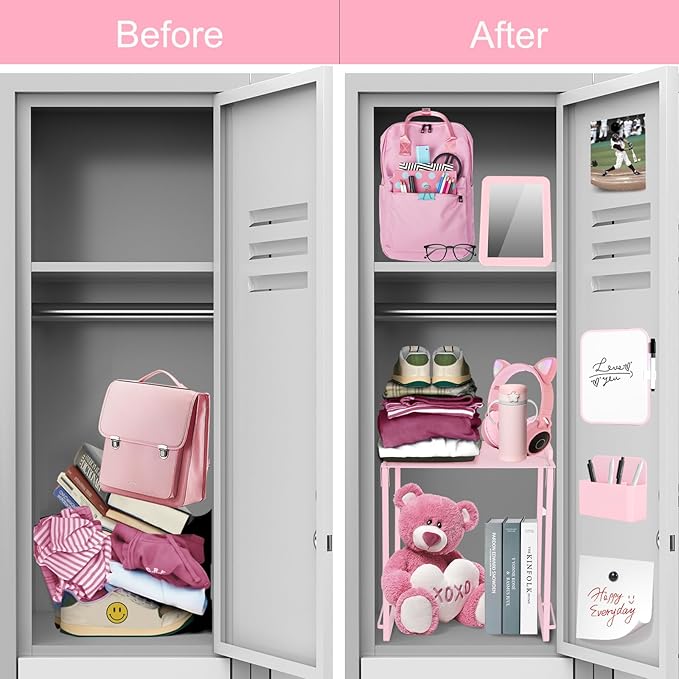 Locker Organizer Accessories Decorating Kit, Metal Mesh Locker Shelf, Magnetic Pen Holder,Mirror,Whiteboard, Markers, Magnets,Suitable for School,Work,Office,Gym (1pack-Pink)