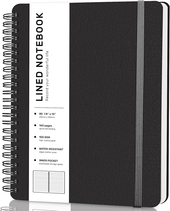 Lined Spiral Journal Notebook, B5 Spiral Notebook, 7.8''×10'' Journaling Notebooks for Work, School, Women, College Ruled Spiral Notebook, Hardcover Leather Notebook for Note Taking Business, Black