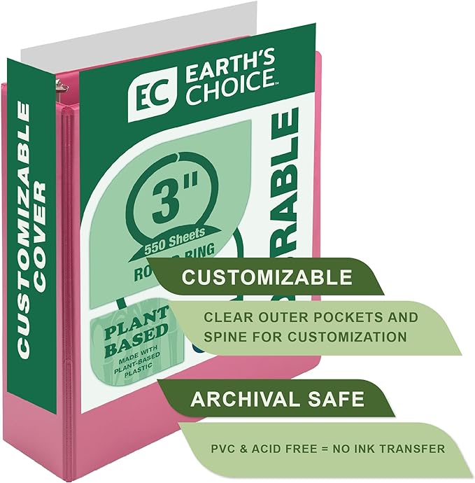 Samsill Earth’s Choice™, Durable Fashion Color 3 Ring View Binder, 3 Inch Round Ring, Up to 25% Plant Based Plastic, Eco-Friendly, USDA Certified Biobased, Pink Berry, Value 2 Pack (U86876)
