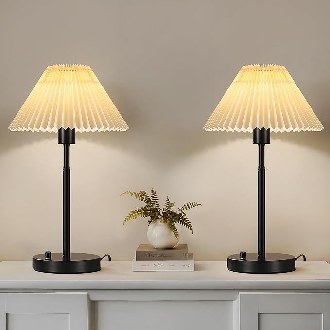Bedside Table Lamp Set of 2: Dimmable Nightstand Bedside Lamps with USB A and C Ports, Modern Metal and Pleated Fabric Shade Black Desk Lamp for Bedroom Living Room Home Office Reading