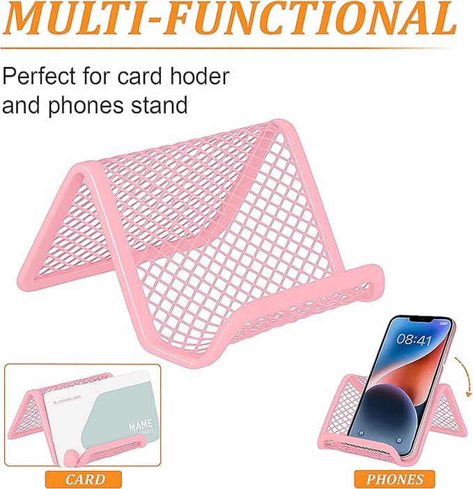Business Card Holder for Desk, Office Desktop Business Card Display Holder, Mesh Business Card Holder, Desk Accessories for Women and Men, Pink(3 Pack)