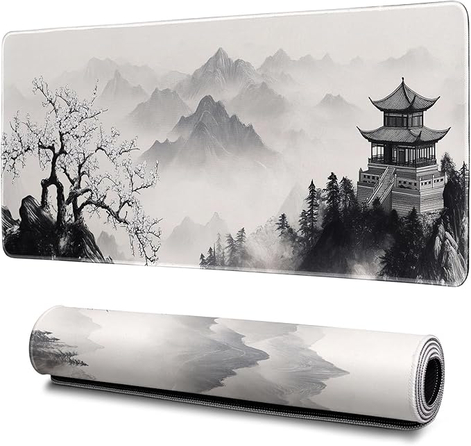 Pagoda Mouse Pad Abstract Cherry Blossom Watercolor Mouse Pad 31.5x11.8 Inch Texture Non-Slip Rubber Base Large Mousepad Stitched Edges Keyboard Mouse Mat Desk Pad for Office