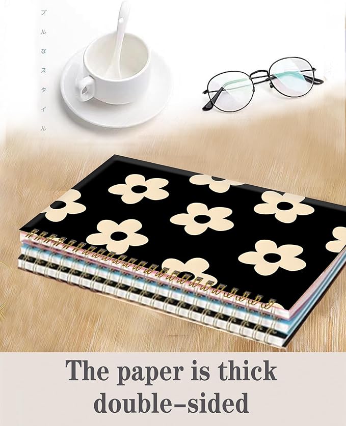 Spiral Journal Notebook,A5 Hardcover Lined Journals for Women Girl 6 x 8.3 in,120 Pages Thick Paper,Cute College Ruled Writing Notebook for Gifts Office Work School(Cute Black Flower)