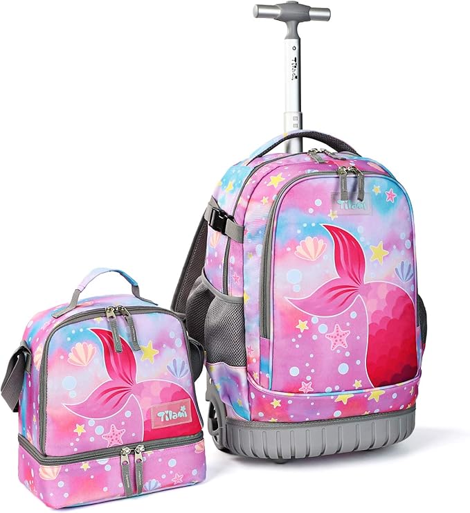 Tilami Rolling Backpack 19 inch with Lunch Bag Wheeled Laptop Backpack (Tail Pink)