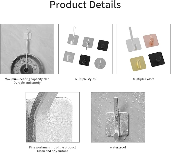 Paoli Heavy Duty Adhesive Hooks,Self-Adhesive Hooks Multiple Colors and Styles 30 lb Maximum Load for Home Schools and Offices (4pc, Silver)