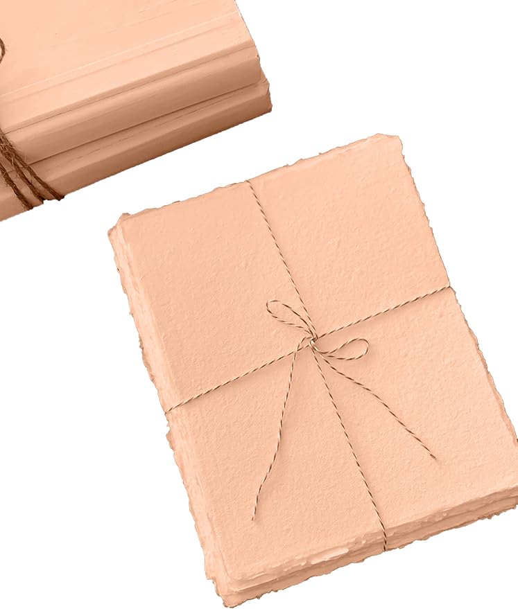 Handmade Cotton Paper with Deckle Edge Recycled Cotton Rag Mixed Media Card Stock for Watercolor, Writers, Invitations, Crafts (8x8 inch, 150gsm, 50 Pack, Baby Peach Color)