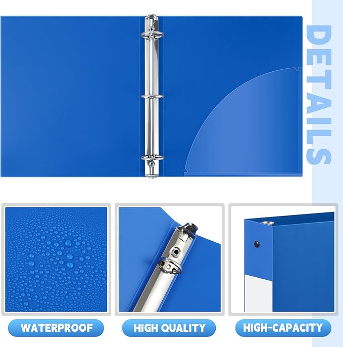 Henoyso 12 Pcs 3 Ring Binder 1.5 Inch Plastic Flexible Round Binder Fits Letter Size 8.5 x 11 Inch Paper Holds 300 Sheets with 1 Pockets for Office School (Blue)