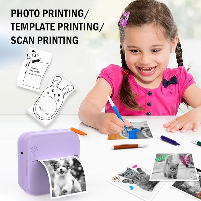 Mini Photo Printer - Portable Pocket Sticker Printers for iPhone Thermal Printer with 10 Rolls Thermal Paper for Photo, Memo, Journal - Purple