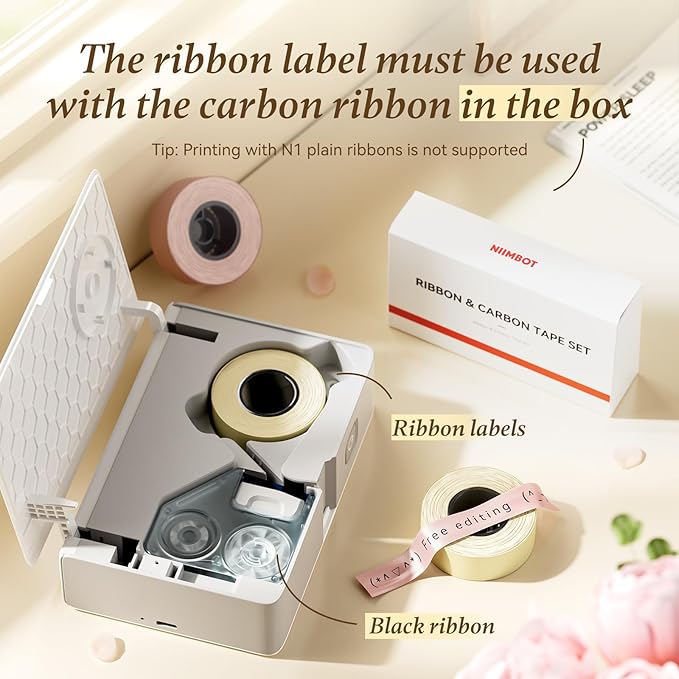 NIIMBOT N1 Satin Ribbon Set, Only for N1 Label Maker, for Gift, Wedding, Party, Craft Wrapping, DIY, Beige Satin Ribbon(14mm x 5.1m) with Black Ribbon(14mm x 6.2m)