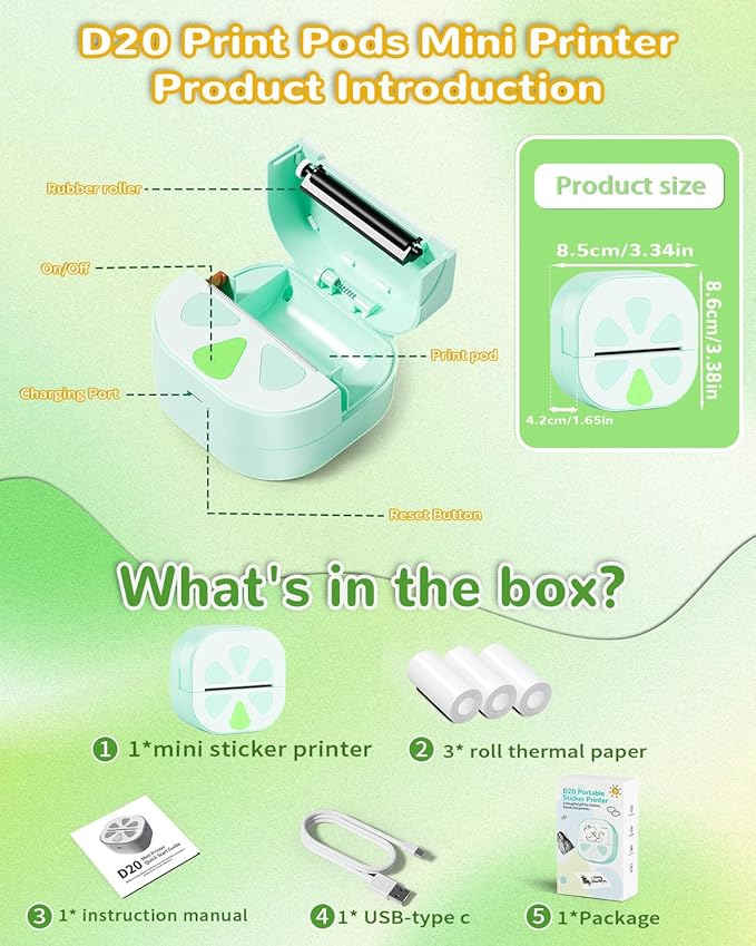 Sticker Printer, Print Pods Mini Printer, Bluetooth Thermal Sticker Maker Machine with 3 Rolls Paper, Print Pod Mini Printers for iPhone, Impresora Portátil for Study Note, Journal, DIY, Kids Gift