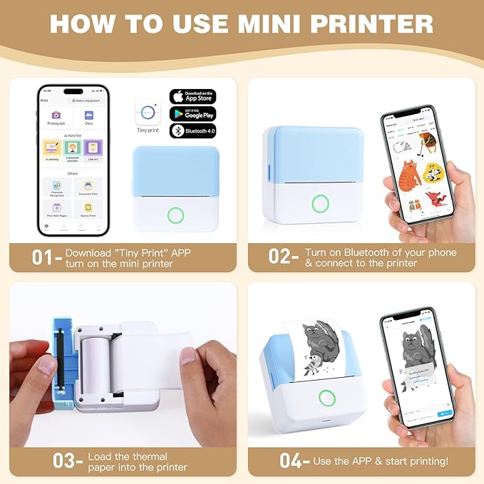 Print Pods Mini Printer, Thermal Inkless Sticker Maker with 10 Rolls Printing Paper, Pocket Printpod for phone, Impresora Portátil for Notes, Flashcards, Journal, DIY, Compatible with iOS & Android