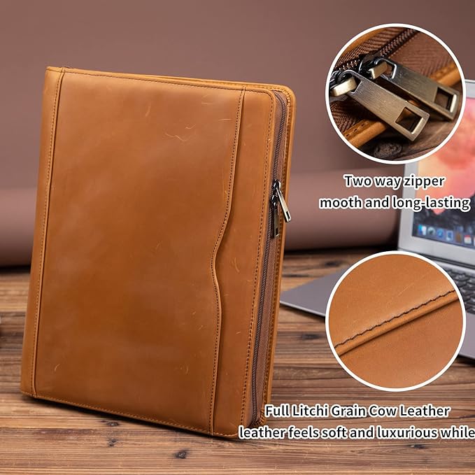Professional Leather Business Padfolio Portfolio Case, 3 Ring Binder,Zippered Business Document Organizer Folder Tablet Pad Folio,with Letter Size Notepad (Brown Standard)