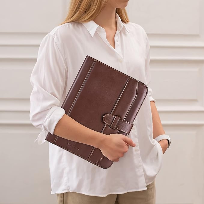 IVESIGN Leather Portfolio Notebook with Folder, Storage Clipboard with Cover for Legal Pad Holder Letter Size A4 Writing Pad for Business School Office Resume Conference Notepad Clip Boards (Brown)
