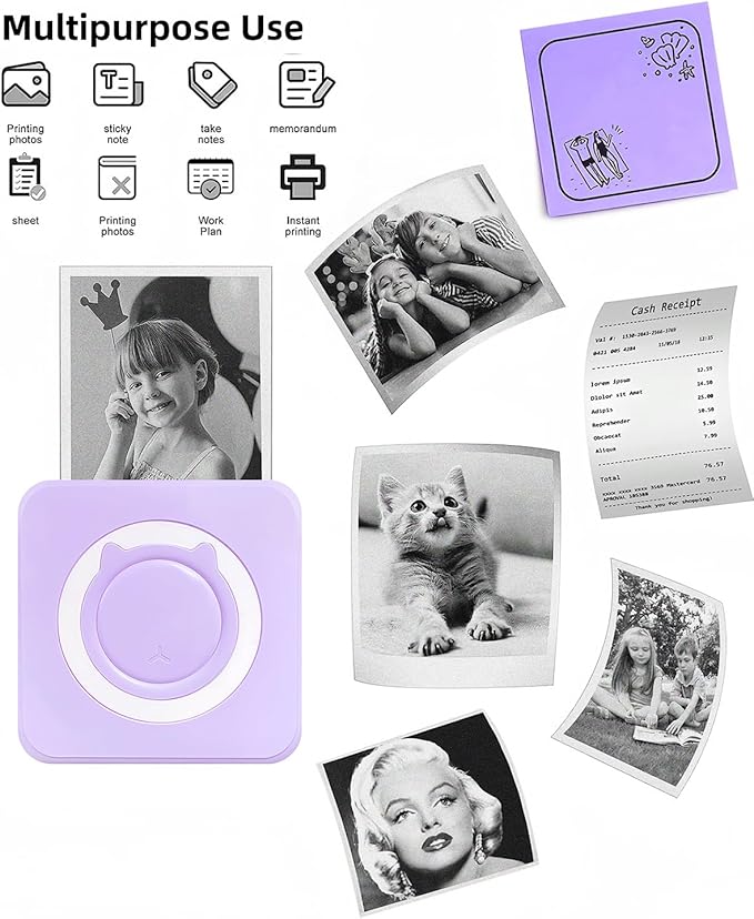 Mini Thermal Printer with 14 Rolls Sticky Papers, Wireless Bluetooth Photo Printer, Portable Label Maker Machine with Tape, Small Compact Picture Maker for Student Kid, Purple