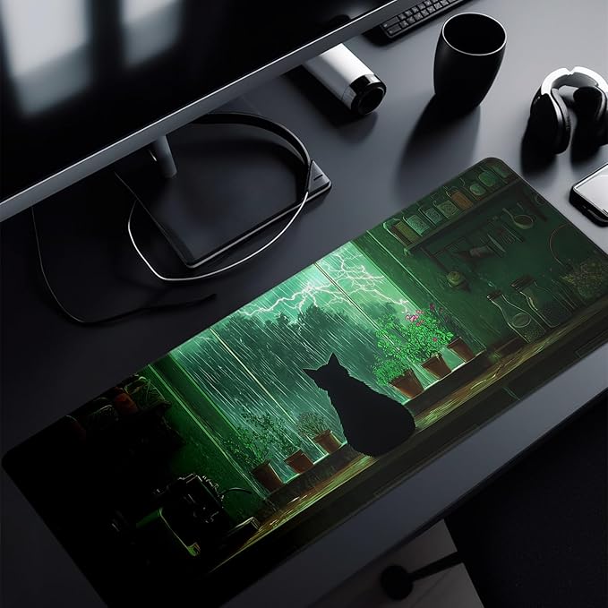 Green Black Cat Mouse Pad Abstract Big Mouse Pad 31.5x11.8 Inch Cat Texture Non-Slip Rubber Base Large Mousepad Stitched Edges Keyboard Mouse Mat Desk Pad for Office and Home
