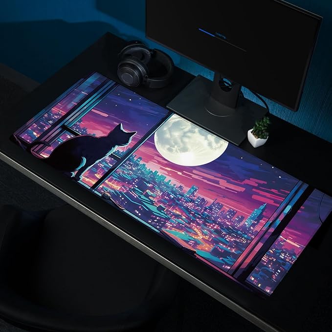Cool Purple Moom Cat Mouse Pad, City Cats Busy Night Scene Mousead - Large Non-Slip Desk Mat for Office, PC, Laptop - 35.5"x15.7" x 3mm