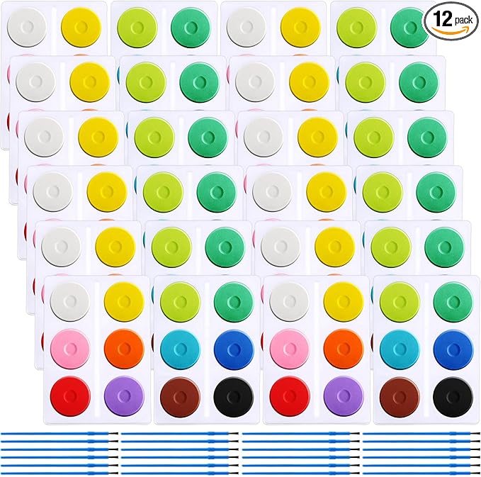 Nuanchu 144 Pcs Tempera Paint Cakes with Tray 12 Colors 2.24 x 0.71 Inch Painting Cakes with Paintbrush Paints Blocks Art Supplies for Art sessions Drawing Artists Beginners 12 Set