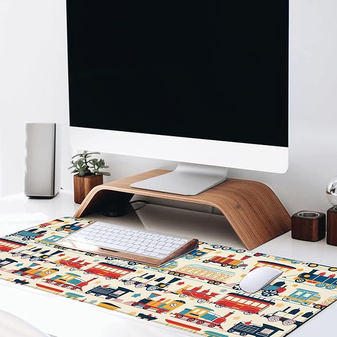 Playful Train Gaming Mouse Pad, Large Desk Mat with Cartoon Car, Rubber Non-Slip Extended Cute Vintage Mousepad, Office Home Decor Accent, Gifts for Retro Lovers, 31.5x11.8x0.12in