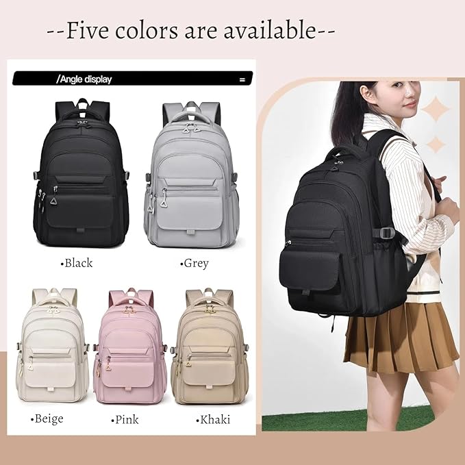 Backpack for Girls Teens, Solid-Color School Backpack for Boys Kids, Aesthetic Bookbag for Middle & High School Travel Daypack,Beige