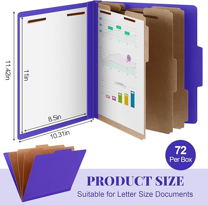 72 Pcs Classification Folders Letter Size, 3 Divider Pressboard File Folder with Fasteners, Expanding File Organizer Bulk for Teachers, Clergy, Office, Church, Christmas Donations (Purple)