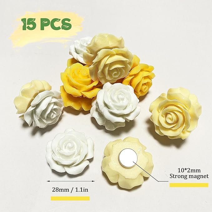 15 pcs - Cute Flower Magnet, Yellow Rose Magnet for Fridge and Locker, Whiteboard and Decorative (15 pcs - Rose - Yellow)