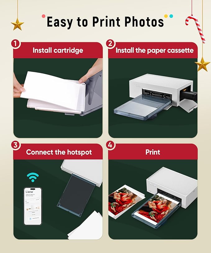 Liene M100 4x6'' Photo Printer Bundle (220 pcs +6 Ink Cartridges), Wi-Fi Picture Printer for iPhone, Android, Smartphone, Computer, Dye-Sublimation, Portable for Home Use