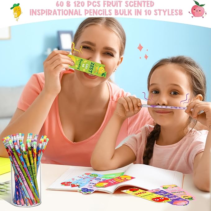 Ctosree 60 Sets Inspirational Pencils and Fruit Scented Bookmark Sets Positive Graphite Pencils Bulk Scratch and Sniff Book Marks Motivational Gifts for Kids Students Classroom Prizes Party Favors