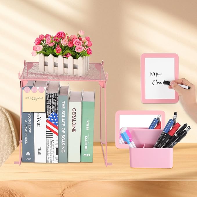 Pink locker accessories kit, locker decorations for girls, cute locker set includes locker shelf, magnetic locker mirror and whiteboard, pen holder, markers and magnets