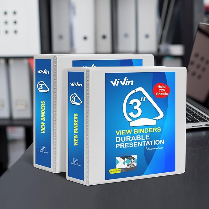ViVin Durable 3 inch D Ring View Binder, Large 3" Slant-D Ring with 725-Sheet Capacity, Fit 8.5" x 11" Paper, 2 Pack(White)