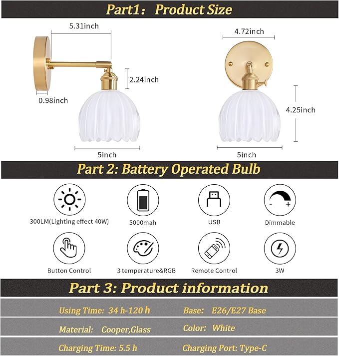 Vintage Battery Operated Wall Sconce with White Tulip Glass Lampshade 5000 mAh Rechargeable Battery Powered Wall Light with Remote Control for Bedside Bedroom Doorway, Set of 2