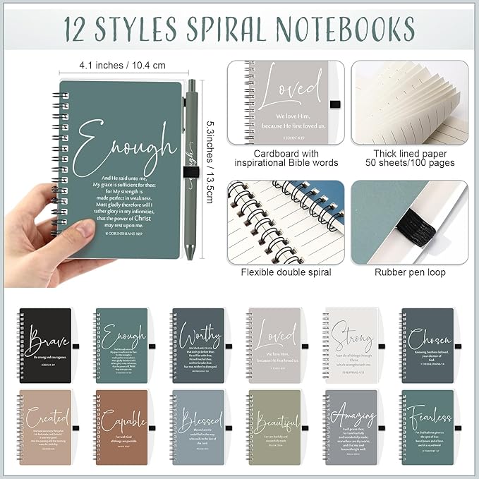 Kosiz 12 Sets Inspirational Christian Gifts Bulk Christian Notebooks Prayer Journals with Pens Spiral Bible Journals Religious Gifts for Church Grandparent Pastors Day Sunday School (Boho Color)
