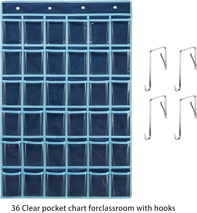 36 Clear Pockets Classroom Pocket Chart for Cell Phone and Calculator Holder, Door Hanging Pocket Chart for Classroom Phone Holder with Number Sticker and Hooks (Blue)
