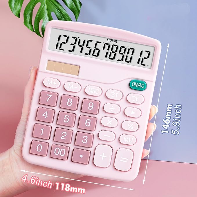 YOUHO Pink Office Desk Calculator, 12-bit Solar Battery Dual Power Standard Function Electronic Calculator with Large LCD Display (1PACK,Pink)