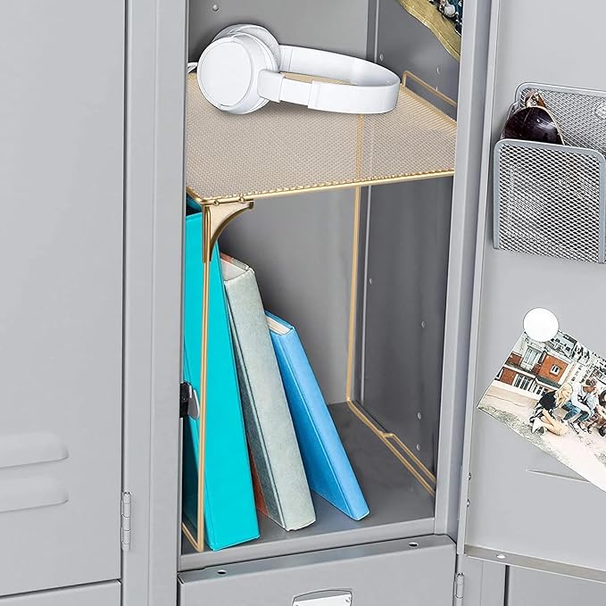 Locker Organizer Shelf Stackable Extra Locker Shelf for School Locker Organizer Storage Cabinet Accessories Suitable for School, Office, and Home use (1, Golden)