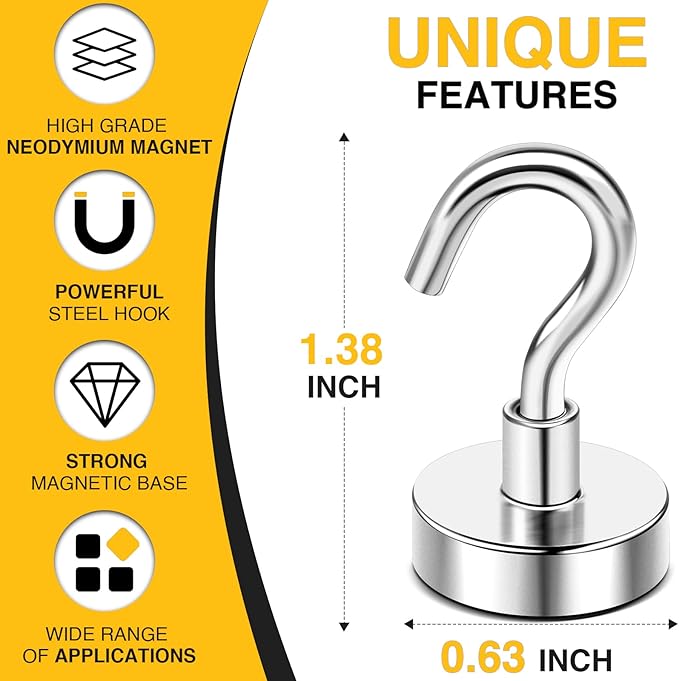 DIYMAG Hooks for Hanging String Lights, 30lbs 2025 Cruise Cabin Ship Essentials N52 Magnetic Hook Heavy Duty Strong Magnets Fridge for Classroom Beach Vacation Kitchen Grills 6 Pack Silver