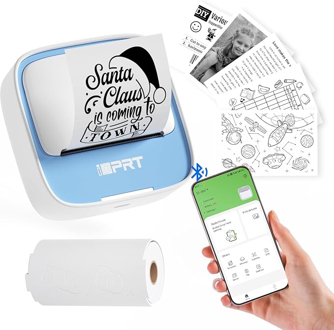 iDPRT Sticker Printer, Portable Thermal Printers Bluetooth Inkless Printer with 1 Roll Sticker Paper, Sticker Maker for Home Office School, Compatible with Android & iOS Phones, Blue