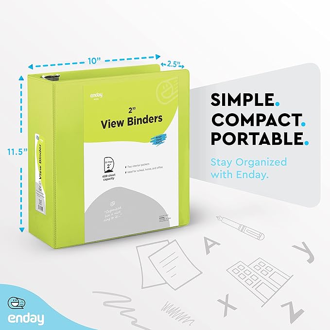 3 Slant D-Ring Binder 2 Inch Binder Green, 2 in Clear View Cover w/ 2 Inside Pockets, Heavy Duty Colored School Supplies Binders Also Available in Blue, Pink, Red, Grey, Purple (6 PC)–by Enday