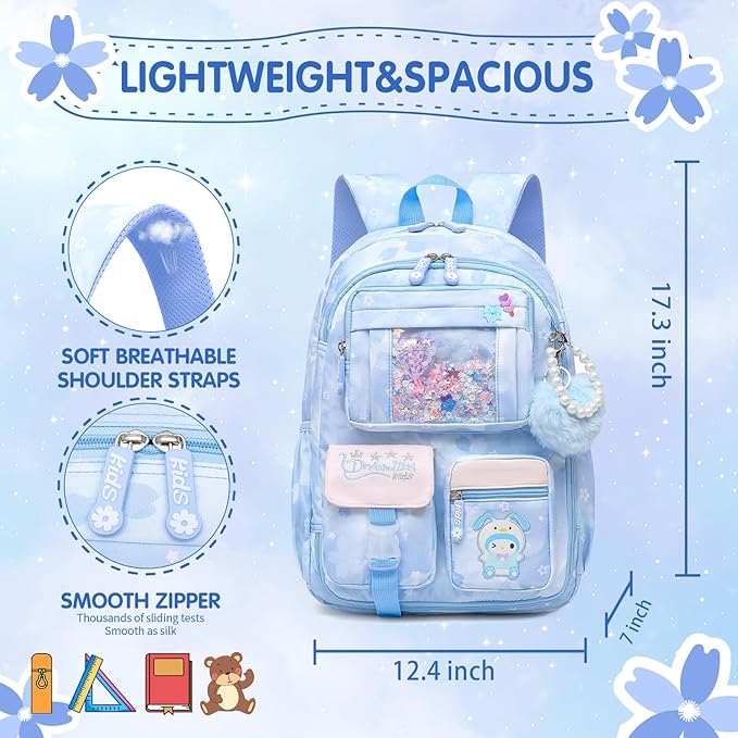 Lovely Girls Backpack School Bag for Students Kids Book Bag with Multiple Pockets Splash-proof Children's Backpack(17inch Blue)
