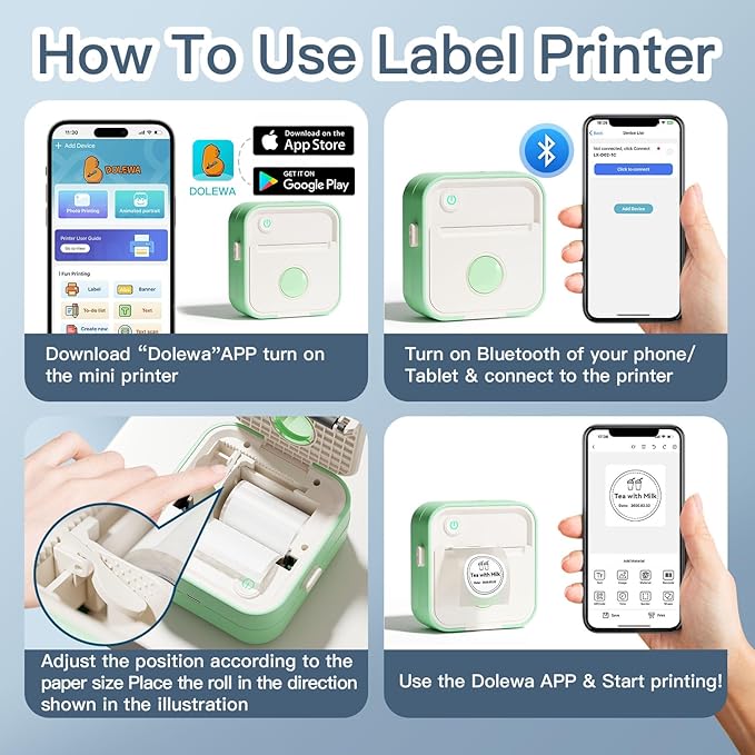 Label Maker Machine, HD Mini Sticker Printer with 7 Rolls Paper, Portable Thermal Print Pod Supports 12-57mm Papers,Bluetooth Pocket Printer for Home,Kitchen,School (Green)