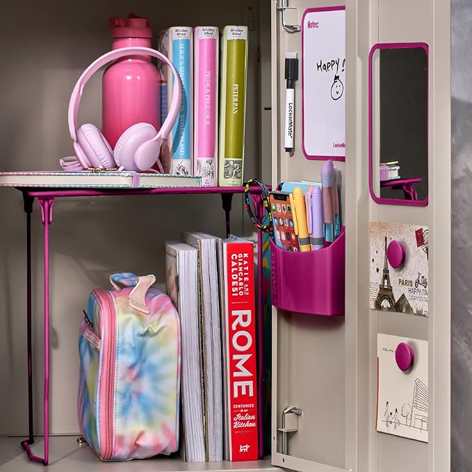 LockerMate 7-Piece Locker Organizer Kit, Includes Locker Shelf, Mirror, Whiteboard, Storage Cup & Dry Erase Marker, Pink