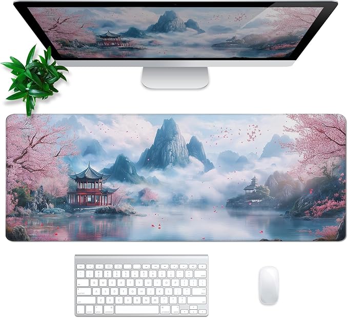 Cherry Blossom Watercolor Mouse Pad Abstract Big Mouse Pad 31.5x11.8 Inch Landscape Texture Non-Slip Rubber Base Large Mousepad Stitched Edges Keyboard Mouse Mat Desk Pad for Office and Home