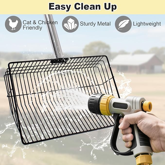 Chicken Poop Scooper, 10inch Large Chicken Coop Scooper for Sand with 32 to 67" Adjustable Stainless Steel Handle, Chicken Coop Scoop Metal Sifting Shovel for Chicken Coops & Small Farm Animals