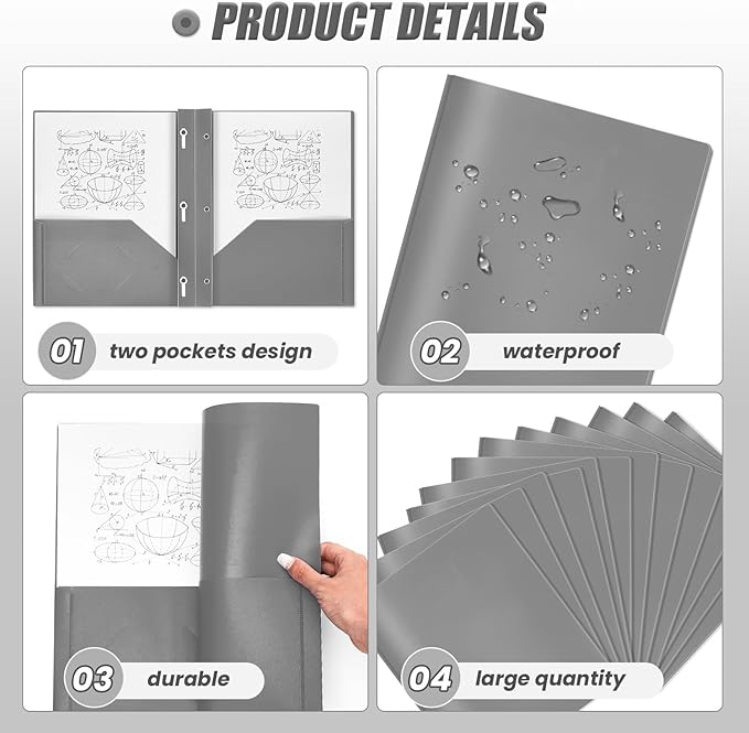 Lincia 100 Pcs Plastic Folders with Pockets and Prong Folders with Prongs Plastic Folders with 2 Pockets Pocket Folders for Office, School for Students, Teachers, Office Workers (Gray)