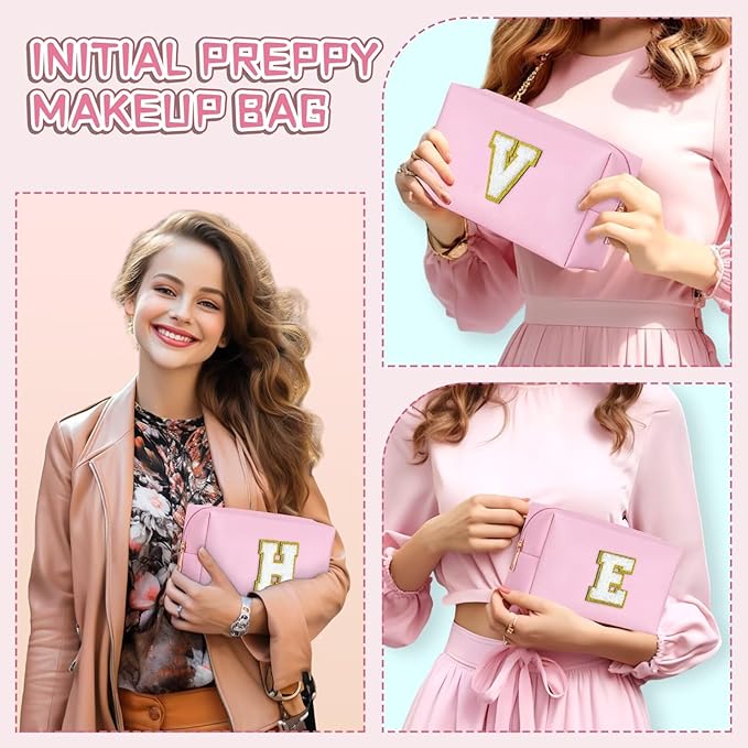 TOPEAST Preppy Makeup Bag, Small Cosmetic Travel Bags for Women, PU Leather Waterproof Toiletry Bag with Zipper, Personalized Birthday Gift for Women Girl, Preppy Gifts for Girl (Pink Z)