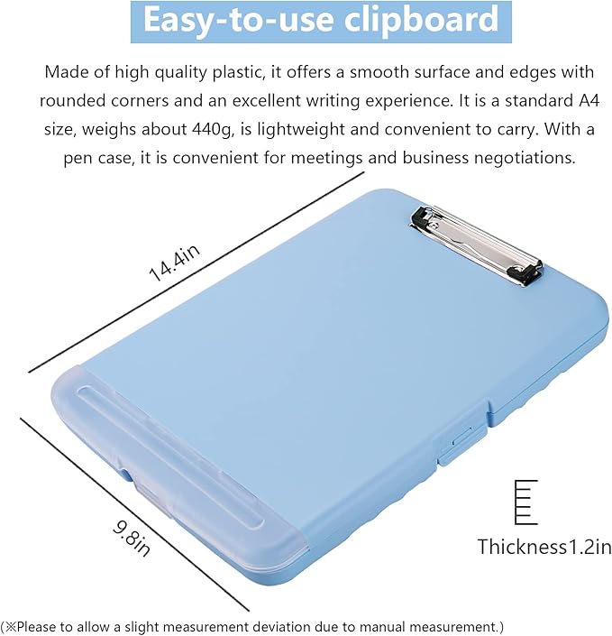 Clipboard with Storage, A4 Binder Nursing Clipboards with Pen Holder, Heavy Duty Storage Clipboard with Low Profile Clip, Clipboards Folder Side-Opening, Smooth Writing Clip Board (Lake Blue)