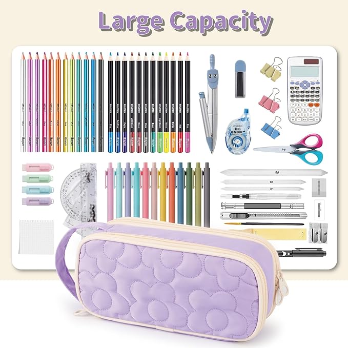 Pencil Case For Girls,Flower Quilted Large Capacity Pencil Pouch With 2 Compartment, Zipper Pencil Bag With Handle, Women Soft Pencil Box For Middle School Office College