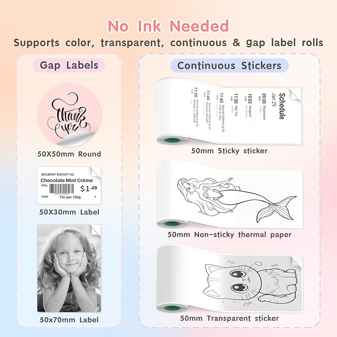 JD-23 Sticker Printer, Mini Portable Thermal Printer Print Pod, Inkless Bluetooth Label Maker Machine for DIY Crafts, Journaling, Office & Home Use, 2 Rolls Sticker Paper, Pink