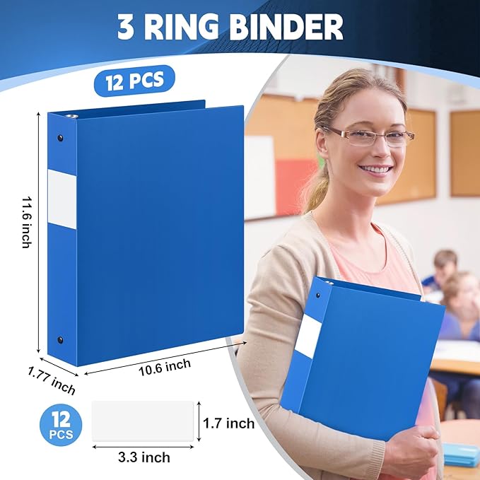 Henoyso 12 Pcs 3 Ring Binder 1.5 Inch Plastic Flexible Round Binder Fits Letter Size 8.5 x 11 Inch Paper Holds 300 Sheets with 1 Pockets for Office School (Blue)