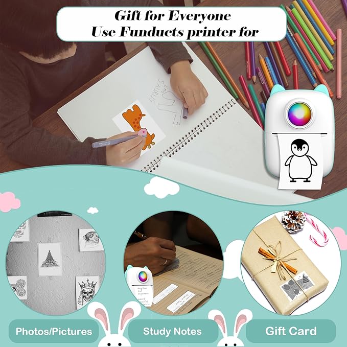 Sticker Printer, Inkless Portable Maker Machine with 11 Rolls Paper, Mini Printer Pocket Thermal Bluetooth Machine with Multiple Templates for Study Notes, Photo, DIY, Gifts for Girls Kids