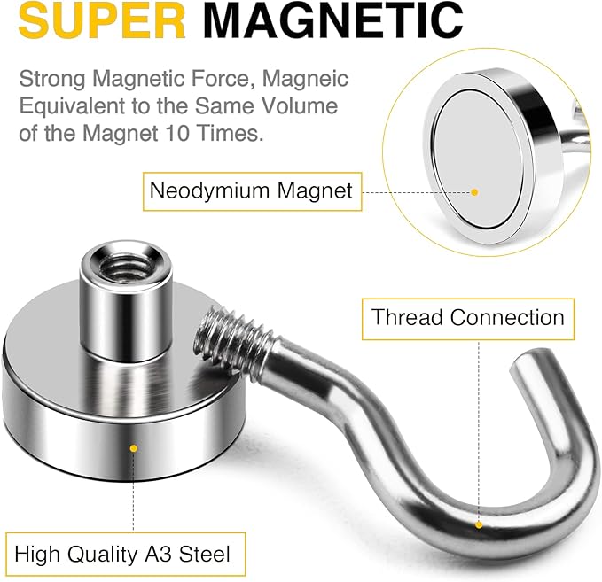 DIYMAG Hooks for Hanging String Lights, 30lbs 2025 Cruise Cabin Ship Essentials N52 Magnetic Hook Heavy Duty Strong Magnets Fridge for Classroom Beach Vacation Kitchen Grills 6 Pack Silver